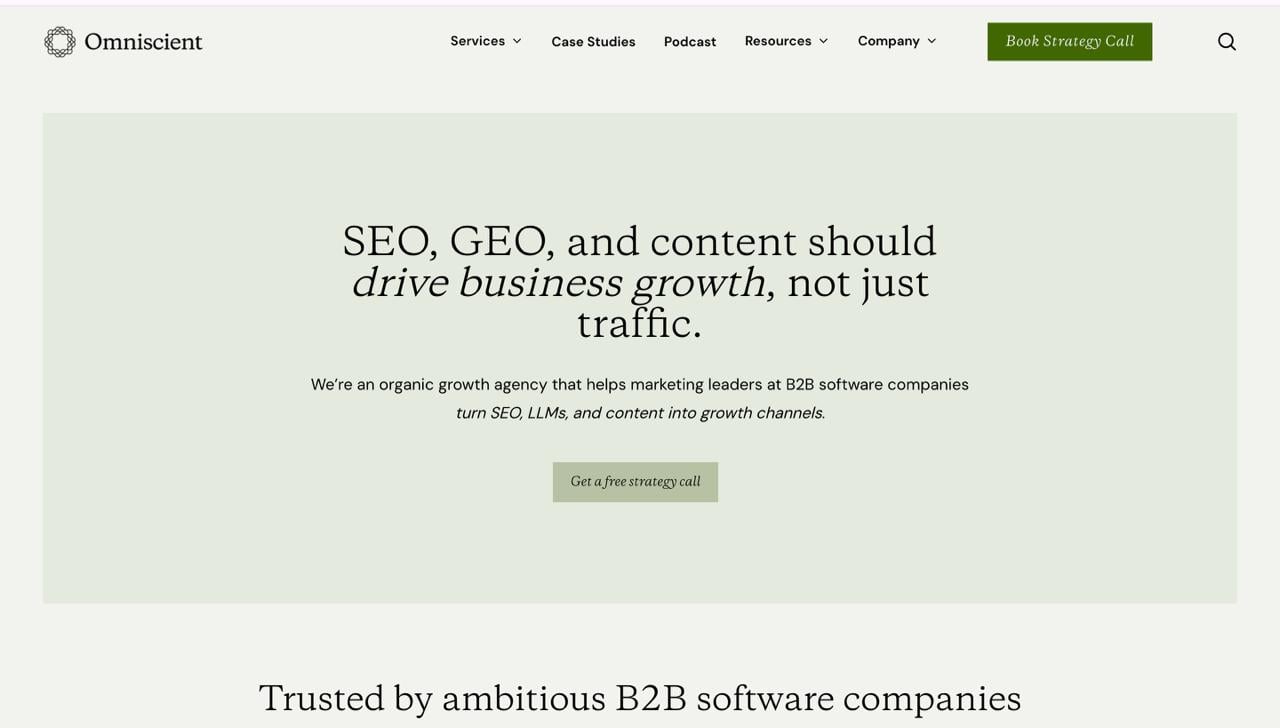 Omniscient Digital homepage featuring B2B SaaS content marketing and Generative Engine Optimization (GEO) services for AI search visibility