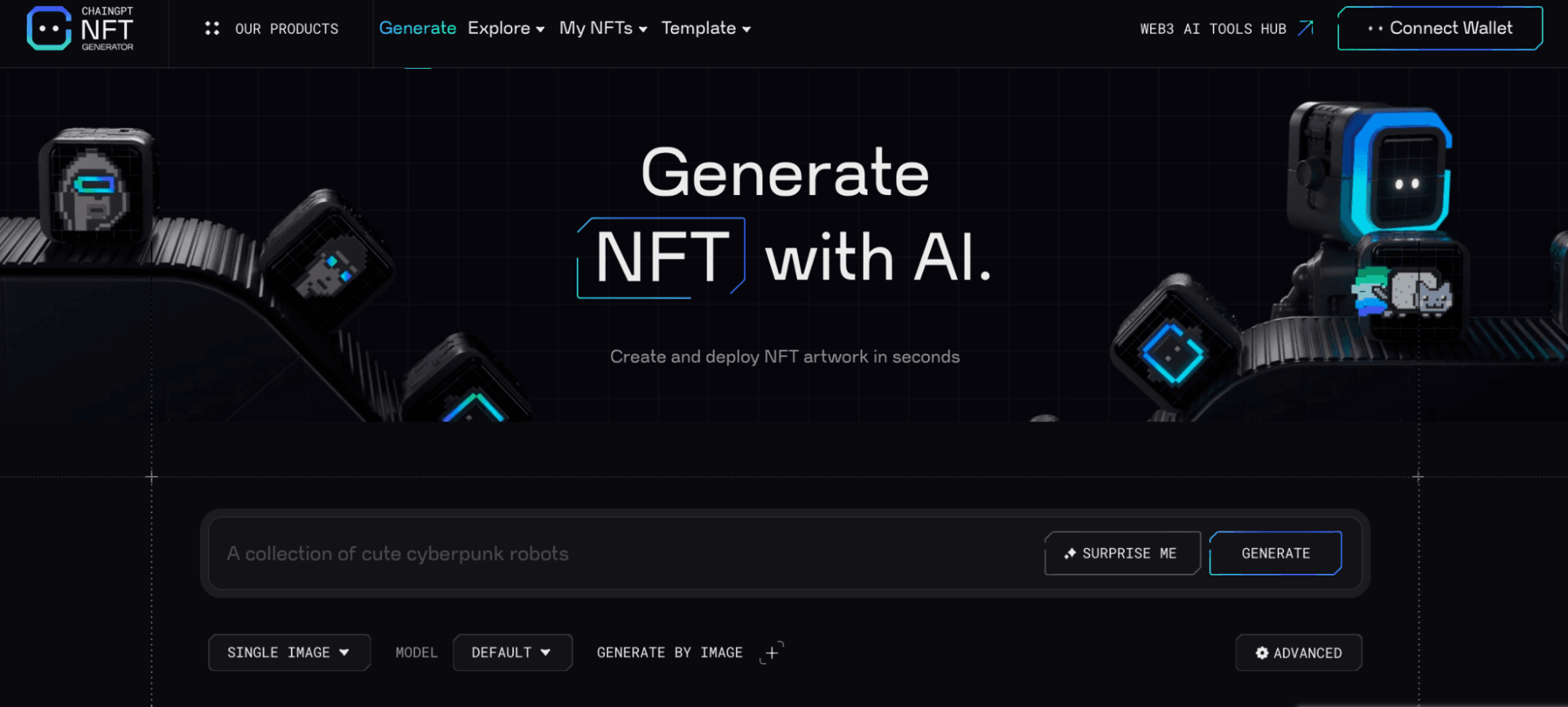 Screenshot of ChainGPT's AI NFT Generator at NFT.Chaingpt.org. ChainGPT's AI NFT Generator logo. Keywords: AI NFT, Web3, crypto, blockchain, NFT creation, artificial intelligence, digital art, decentralized technology, smart contracts, ChainGPT platform, cryptocurrency, non-fungible tokens, crypto art, NFT marketplace, AI-powered NFT generation, decentralized finance, DeFi, NFT collectibles, Ethereum, Binance Smart Chain, digital assets, NFT minting, AI-driven art, crypto innovation, NFT economy, tokenization.