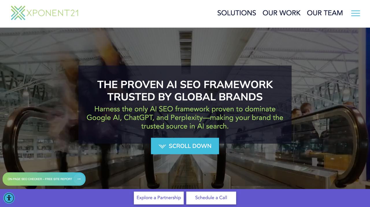 Xponent21 AI SEO agency website showcasing enterprise multi-platform optimization services and proprietary AI Content Accelerator technology