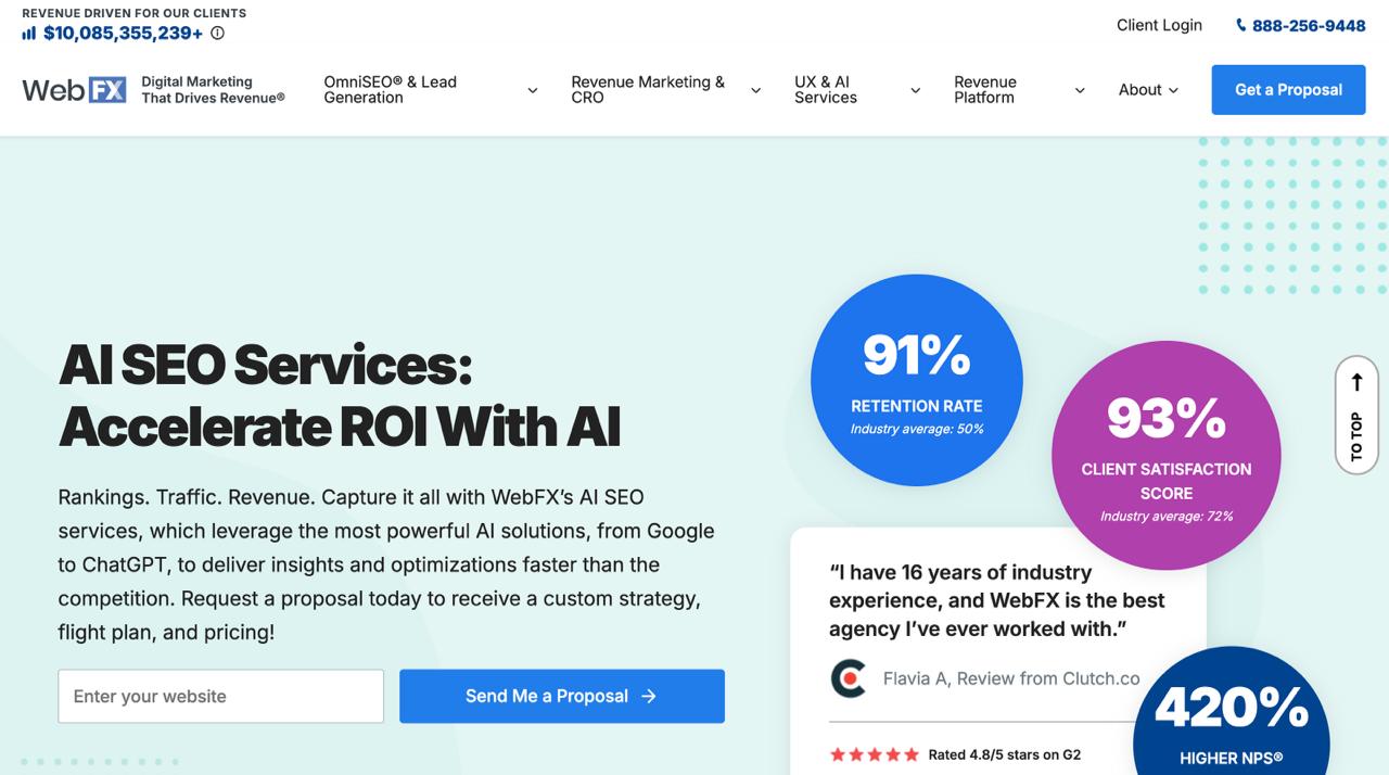 WebFX digital marketing agency homepage displaying full-service AI SEO integration and MarketingCloudFX analytics platform capabilities