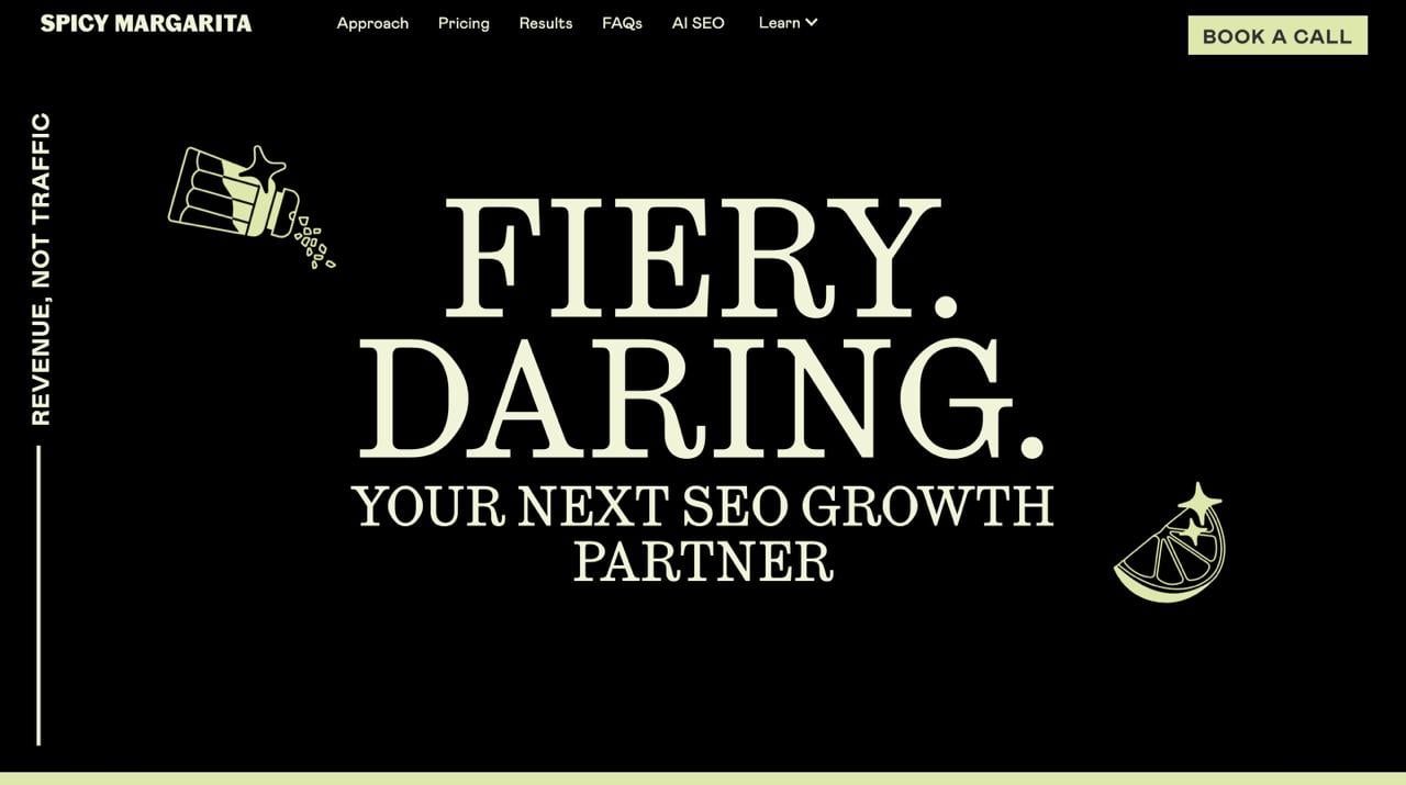 Spicy Margarita B2B SEO agency homepage highlighting revenue-focused AI optimization strategies and visibility audit services