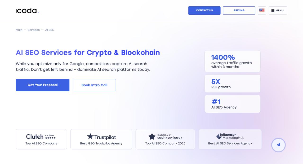 ICODA AI SEO agency homepage showing blockchain and Web3 SEO services with 1400% traffic growth results and crypto client portfolio