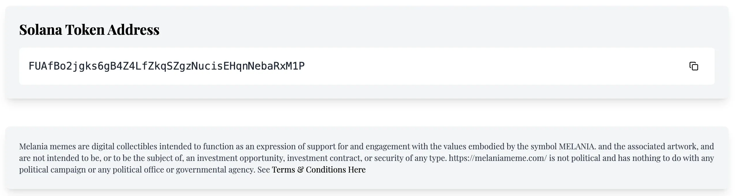 Contract address and disclaimer for MELANIA memecoin