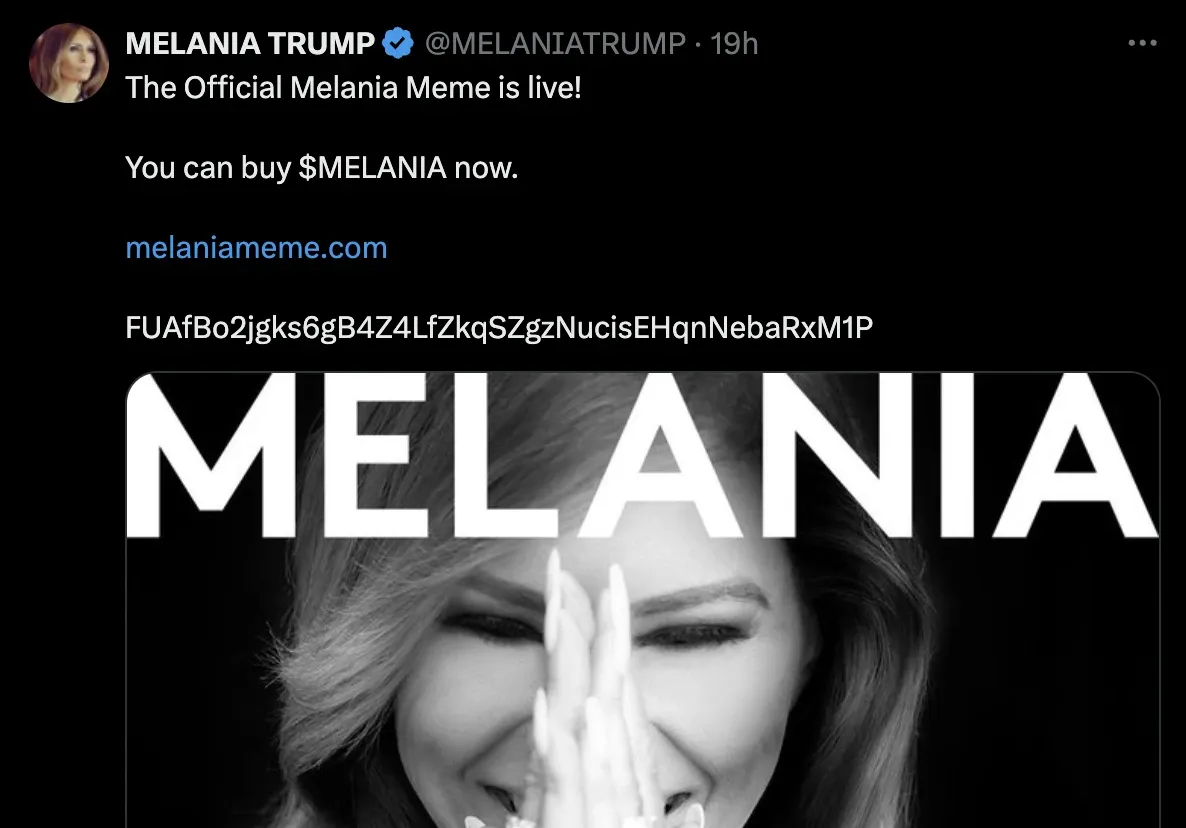 Melania Trump announces the launch of her MELANIA memecoin