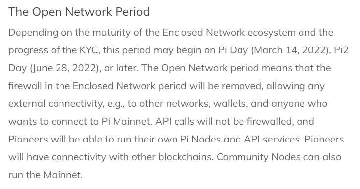 Excerpt from Pi Network's 2021 whitepaper suggesting potential dates for mainnet launch