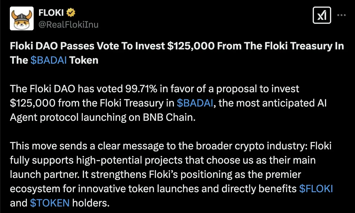 Floki announces that successful passing of its latest investment proposal