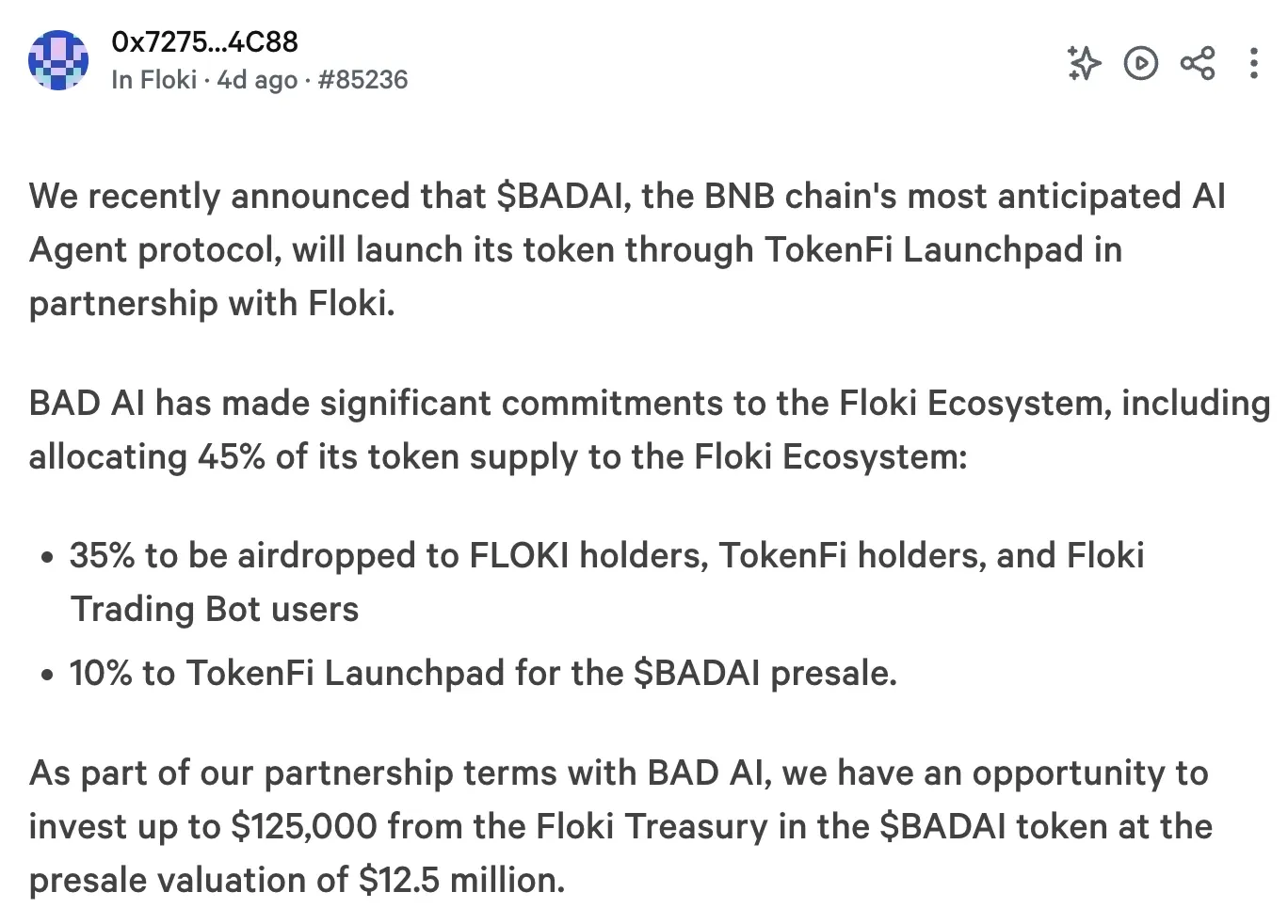 Excerpt from Floki's proposal to invest $125,000 into BADAI