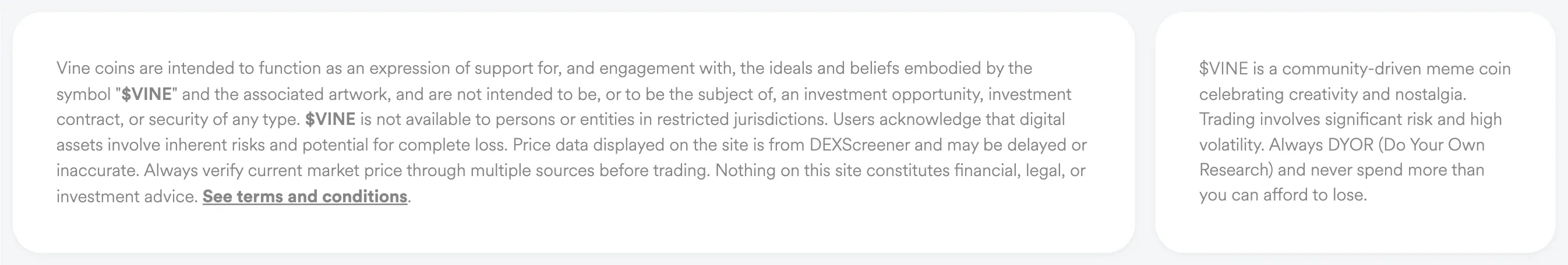 Vinecoin's website features a disclaimer similar to those seen for TRUMP and MELANIA