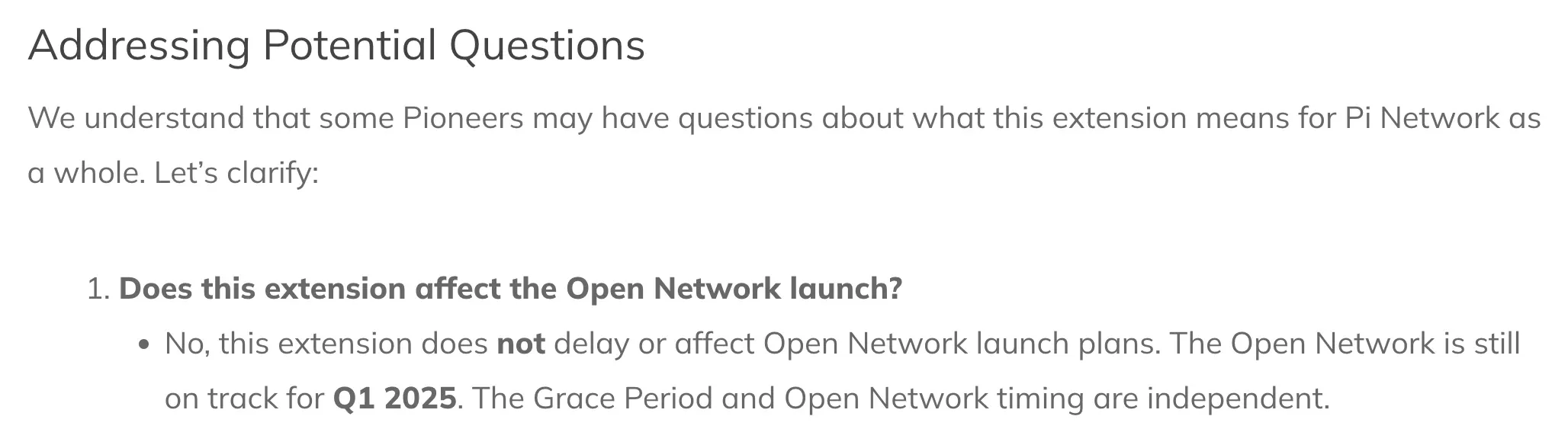 Pi Network currently claims that Open Network is on track for Q1 2025