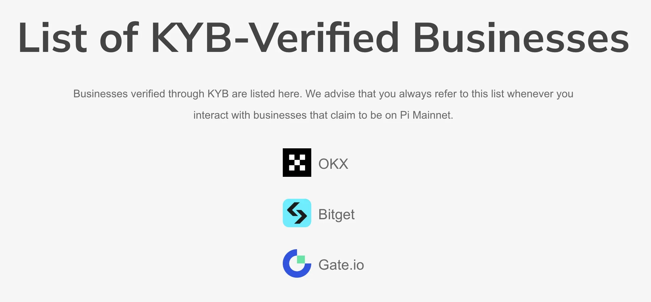 Pi Network's list of verified businesses