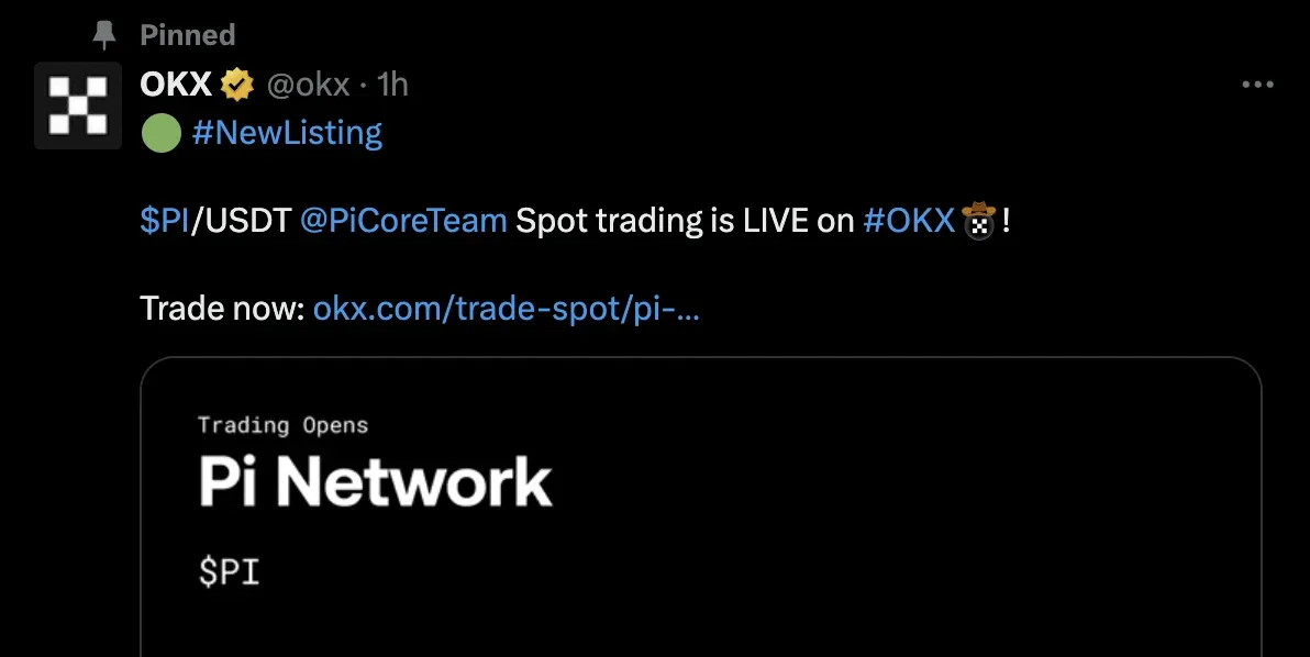 OKX announces its listing of Pi Network