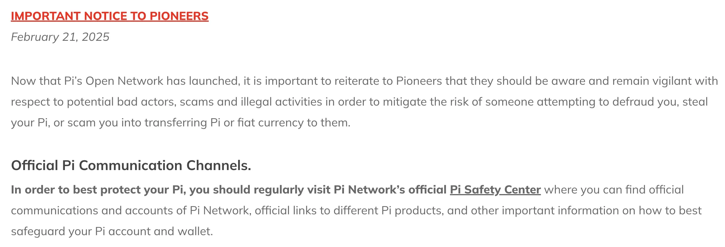 Excerpt from Pi Network's latest safety warning