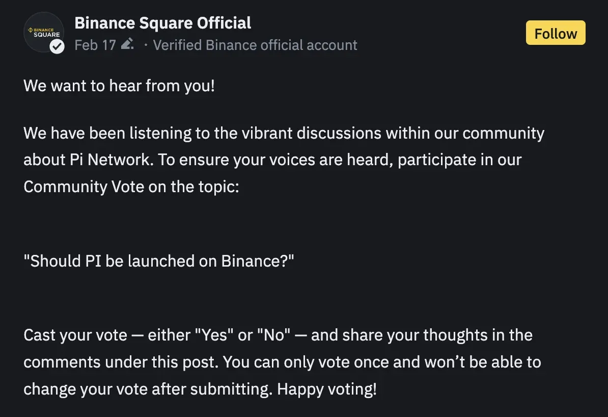 Binance Community vote on a potential Pi Network listing