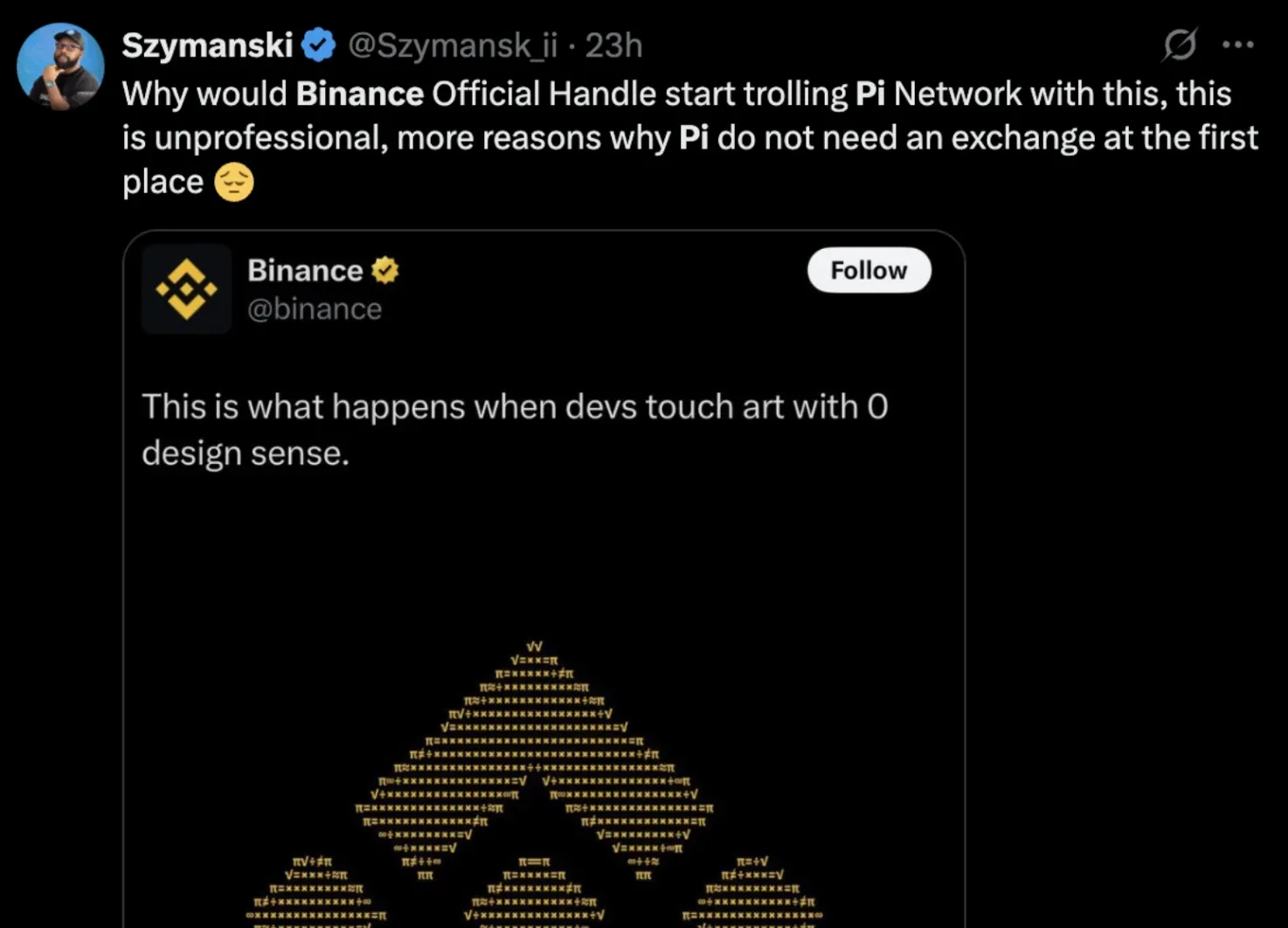 User suggest Binance is trolling Pi Network's community