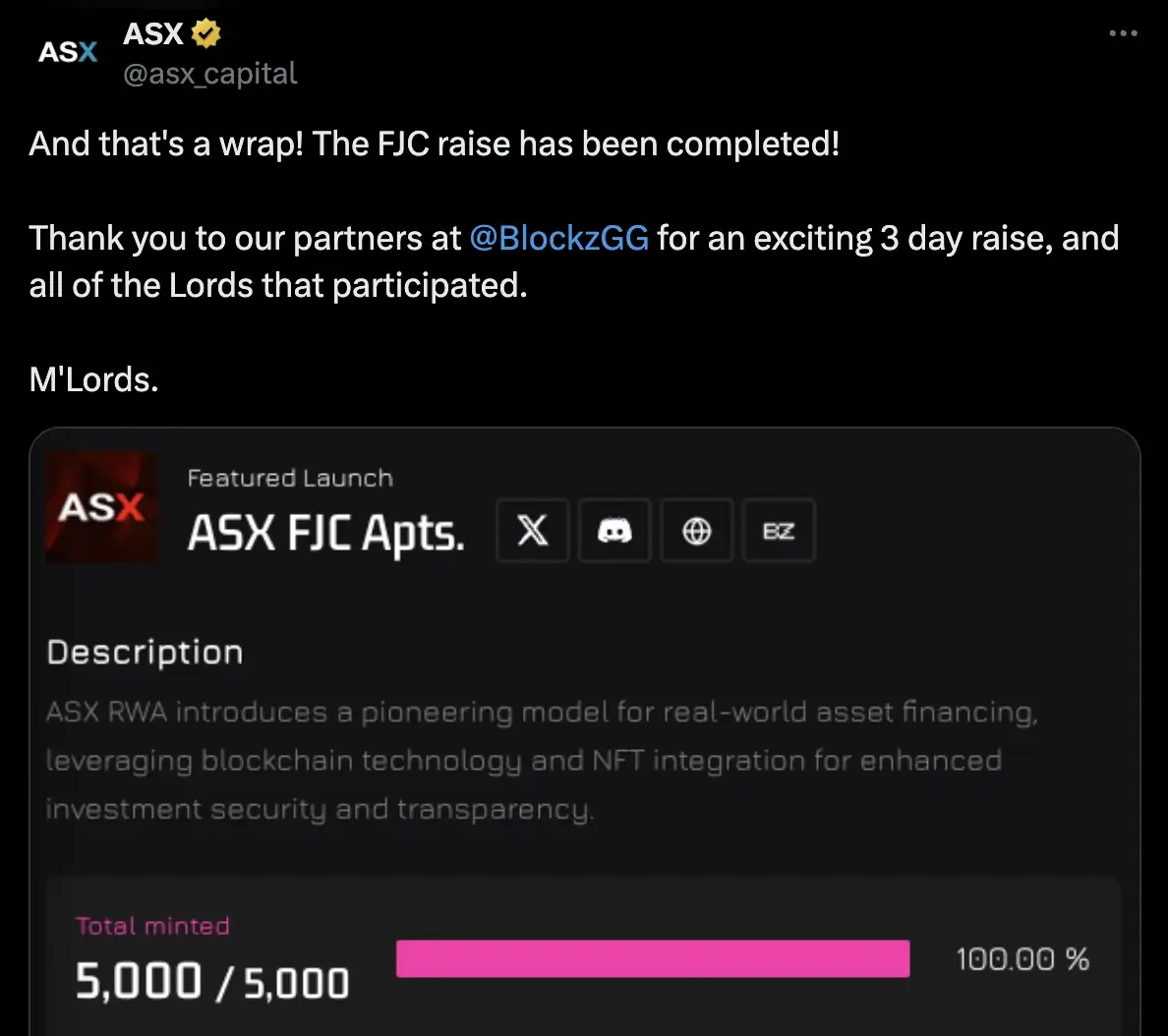 ASX announces the completion of its FJC NFT mint