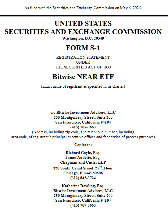 Bitwise's NEAR ETF Filing with the US SEC