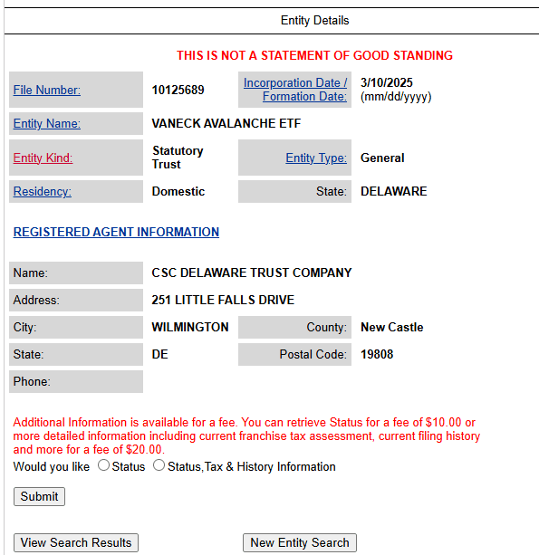 VanEck Avalanche ETF registration