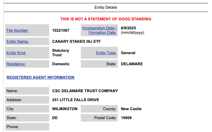 Regulatory records show Canary Capital has set up a staked INJ ETF trust
